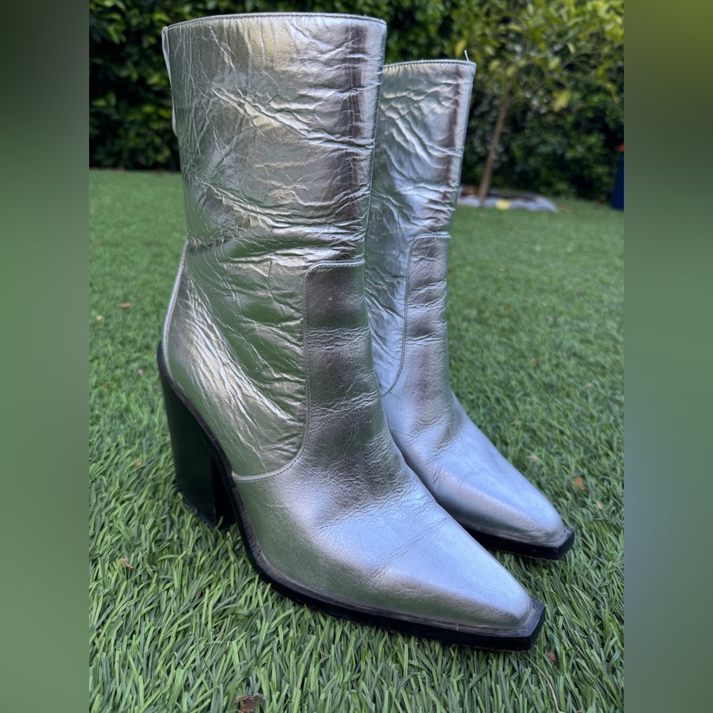 Larroude Metallic Silver Heeled Cowboy Boots